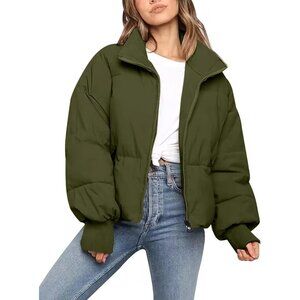 Women Cropped Puffer Jacket Coat Short Warm Quilted Outerwear with Pocket Green